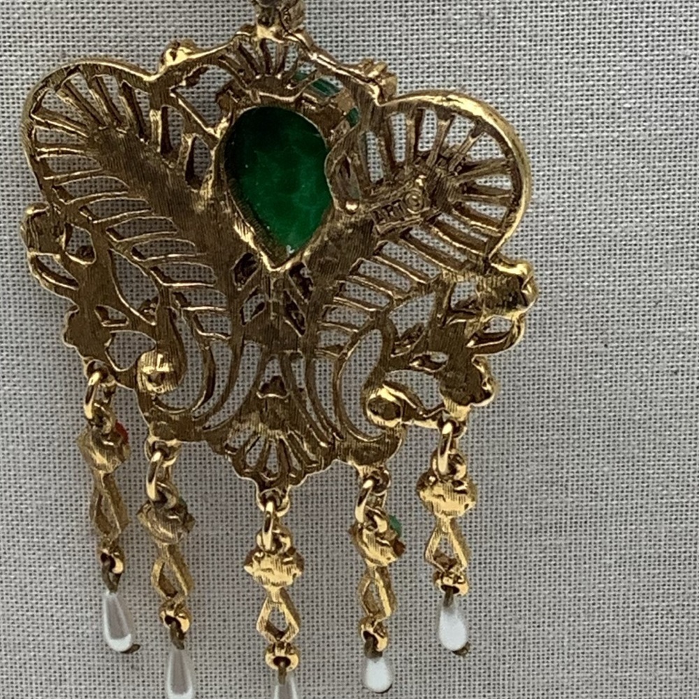 Vintage ART Design Gold and Green Statement Necklace With Pearls #27SN - Picture 7 of 8